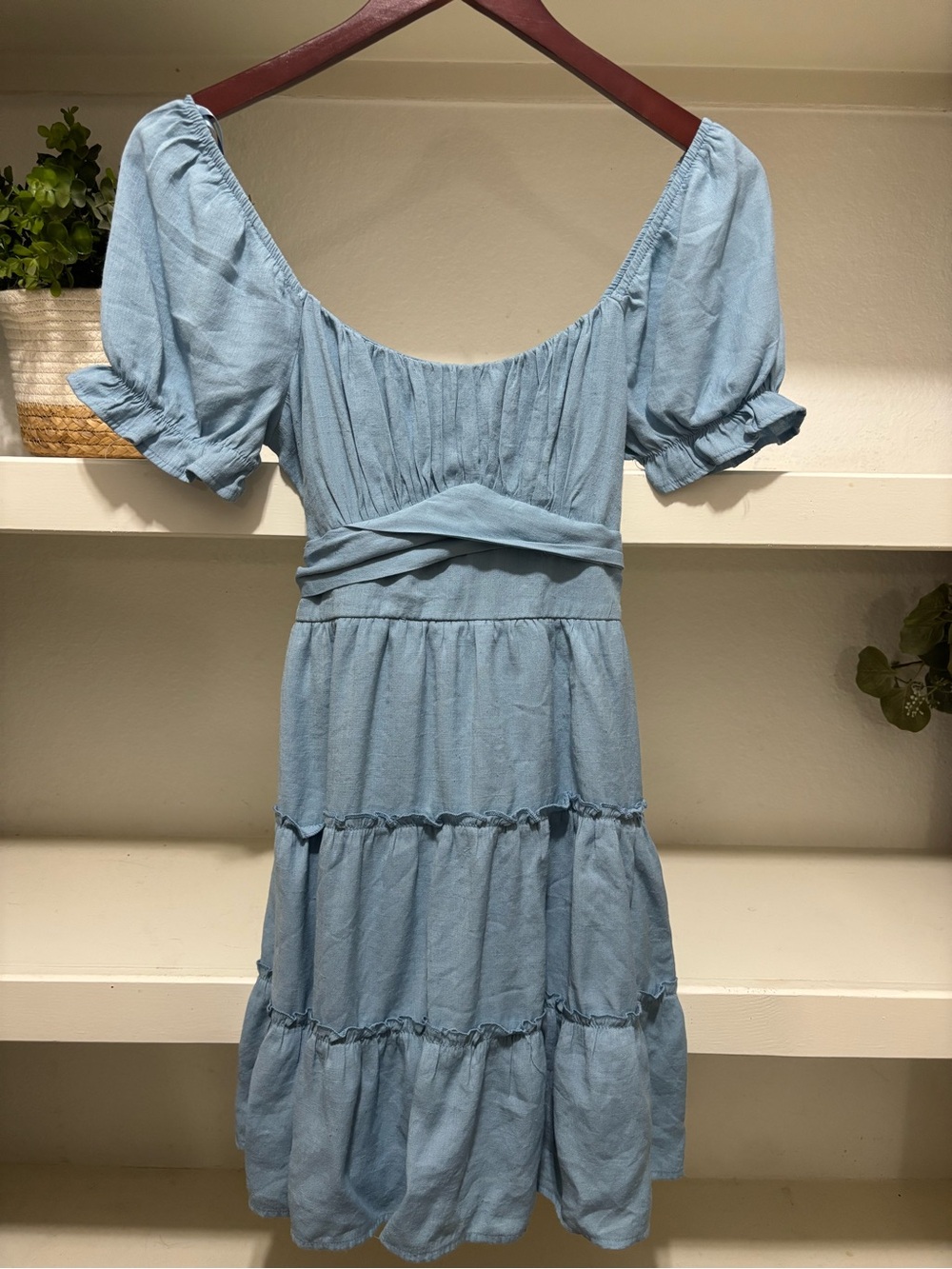 Trixxi Powder Blue Puff Sleeve Tiered Mini Dress